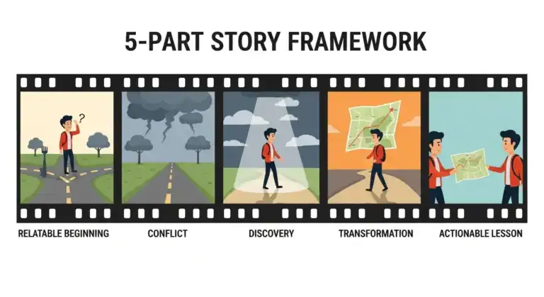 Infographic: 5-part story framework. Relatable beginning, conflict, discovery, transformation, actionable lesson.